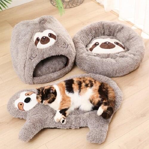 2021NEW! New Deep Pet Cat Bed Sleep Sloth Shape Comfort In Winter Long Plush Mat Basket Dog Cat House Pets Tent Cozy Cave Beds