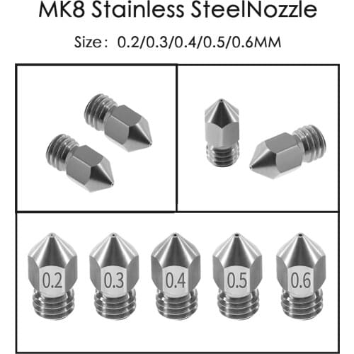 3D Printer Threaded Stainless Steel MK8 Nozzle M6 0.2 0.3 0.4 0.5 0.6mm for 1.75mm Filament for CR10 CR-10S Ender 3 Ender 5