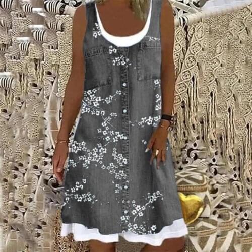 80%HOTWomen Dress Digital Printing Sleeveless Two-piece O Neck Fake Pockets Buttons Vest Sundress Suit for Office