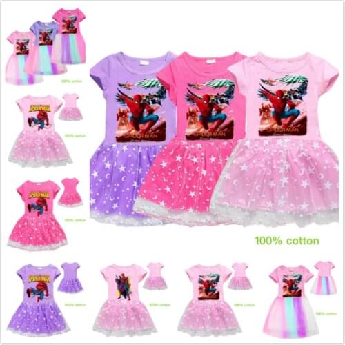 Summer Children Elegant Dress Cartoon Popular Hero Spiderman Print Girls Princess Dress Kid Baby Cotton Short Sleeve Kid Clothes
