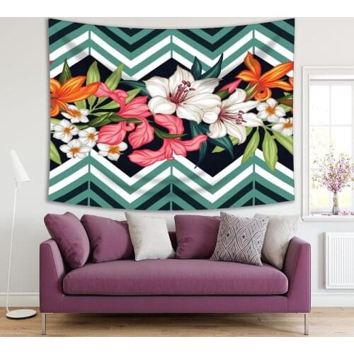 Tapestry Tropical Flowers Lilies Leaves Branches and Zigzag Geometric Pattern Printed Green White Orange Pink