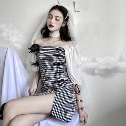 Chinese Dress Black White Qipao Big Size Cheongsam Dress Hot Girl Womens Summer French Skirt Sexy China Cheongsam Puff Sleeve