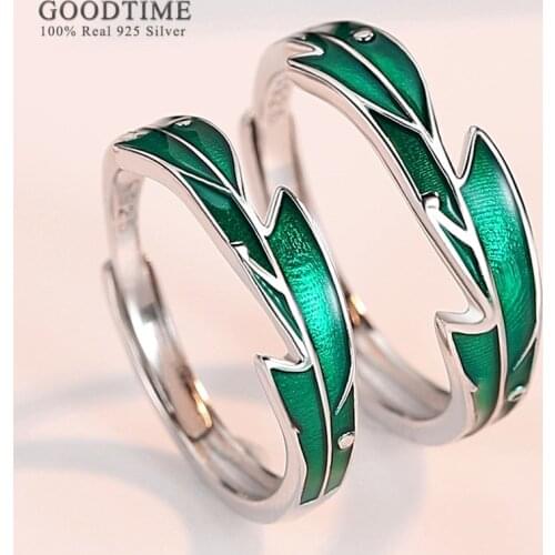 Fashion 100% 925 Sterling Silver Couple Rings Rainforest Plantain Green Leaves Cool Sweet Romantic Style Rings For Lovers