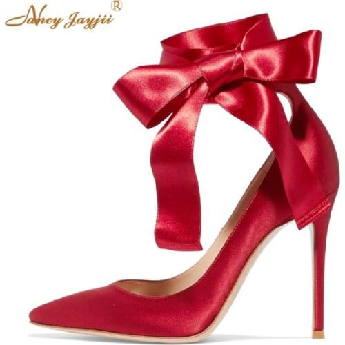 Nancyjayjii Red Satin Slingback Pumps Sexy Sole Casual&Party Pumps Bowtie Zapatos Mujer Tacon Sapato Size To 16 Women Shoes