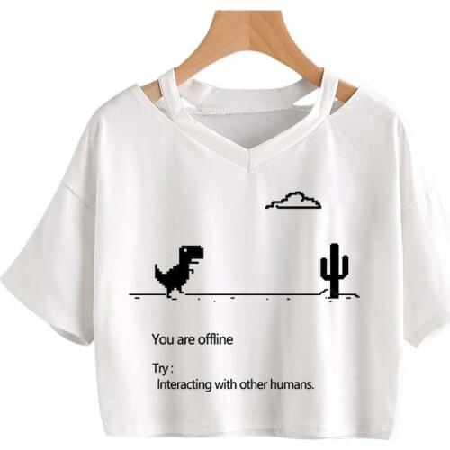 Summer Women V-neck T-shirt Harajuku Kpop Female Vintage Crop Tops Dinosaur pattern Short Sleeve Cropped Tees Gothic Anime shirt