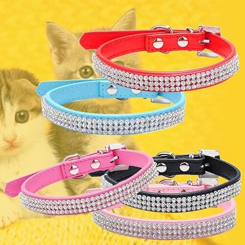 Hot! 3 Row Bling Rhinestone Small Pet Dog Faux Leather Buckle Cute Cat Puppy Collar