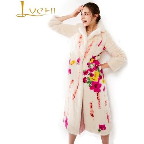 LVCHI Winter 2019 Imported Crown Velvet Mink Womens Natural Fur Slim Coat Print Long Mink Coats Mandarin Collar Slim Mink Coats