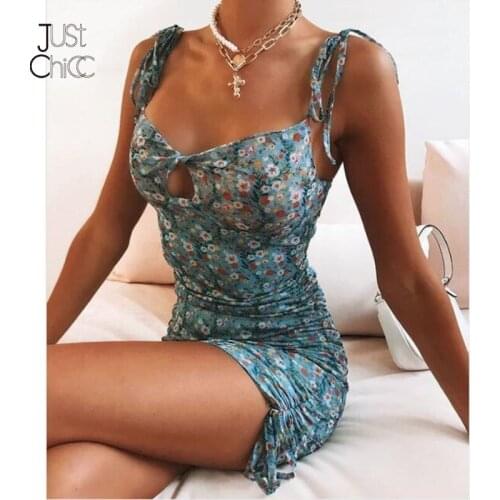 Justchicc Drawstring Sleeveless Print Mini Dress Woman Strapless Backless Beach Pleated Summer Sexy Bodycon Fashion Robe 2021