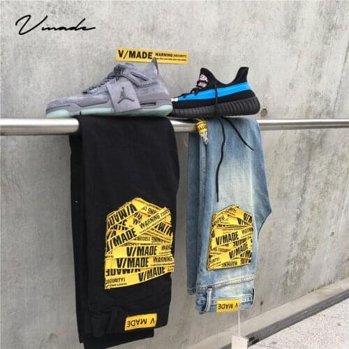 VMADE Authentics Male Washed stretch Jeans for men pants clothing Destroy woven tape Zipper at inseam Slim fit Classic 5-Pocket