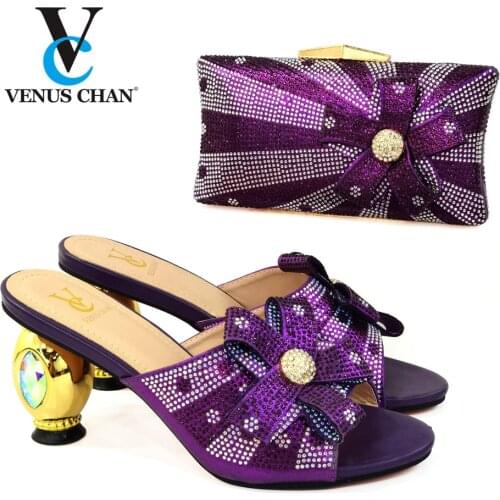 Latest African Women Shoes and Bag Set in Purple Color Comfortable 2021 Slippers Heels New Design Mature Style Pumps for Party