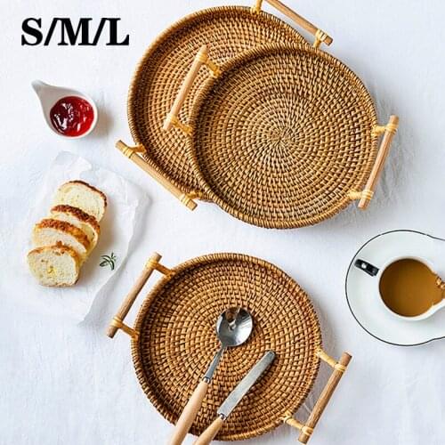 New Rattan Tray Bread and Fruit Dessert Two Ear Portable Picnic Basket Desktop Storage Basket Kitchen Items Fruit Basket