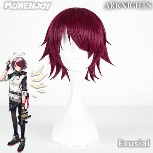 Monenjoy Arknights Exusiai Cosplay Wig Angel Plum Red Short Cos Hair