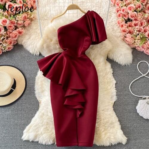 Neploe Light Luxury High-level Ladies Ferast Robe Stereo Ruffled Diagonal Collar Women Dress Slim Waist Sleeveless Split Vestido