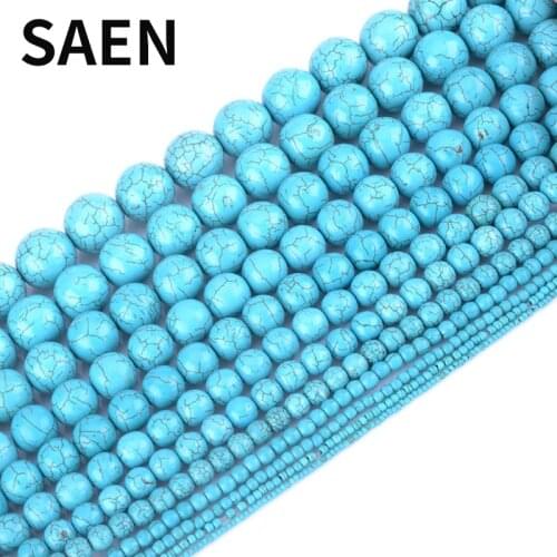 SAEN Free Shipping Smooth Bule Stone Turquoises Round Loose Beads 4 6 8 10 12 MM Pick Size For Jewelry Making wholesale