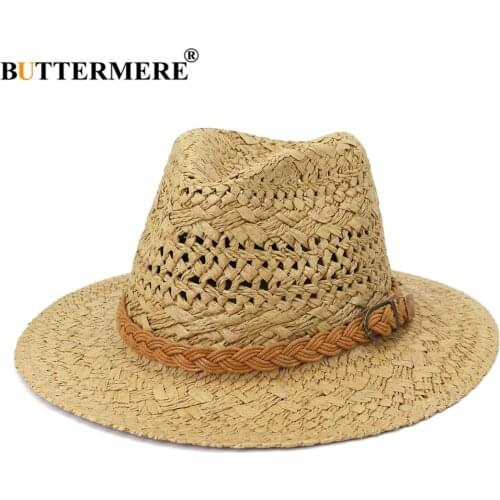 BUTTERMERE Straw Sun Hat Handmade Knit Panama Hat Beach Womens Summer Caps Sombrero Female Fedora Khaki Casual Ladies Chapeau