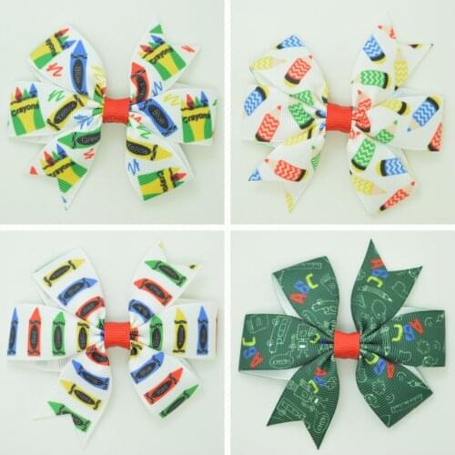 SUPWRF 3.1'' Back to school crayon kids hair accessories hair bows With Clip hair Printed Ribbon headwear wholesale 20 PCS T0929