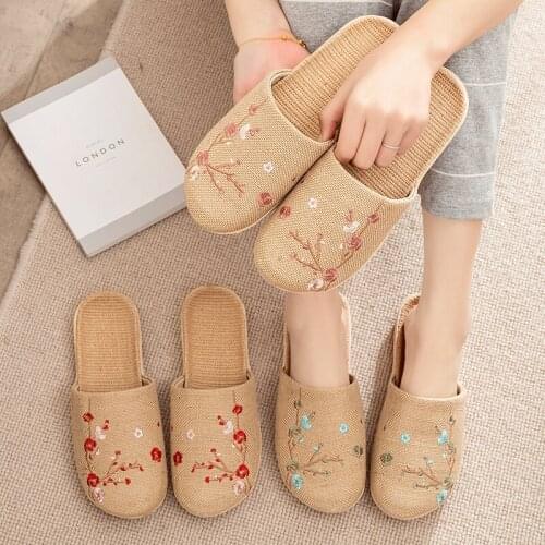 Linen Slippers Female Summer Male Couple Home Embroidered Non-Slip Soft Bottom Indoor Home Use Cotton And Linen Floor Slippers