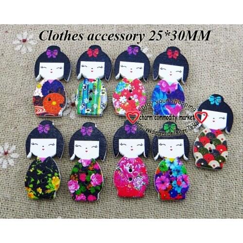 50pcs girl buttons 2 Holes patterns cartoons Wood Sewing lady Button Scrapbook charms WCF-187