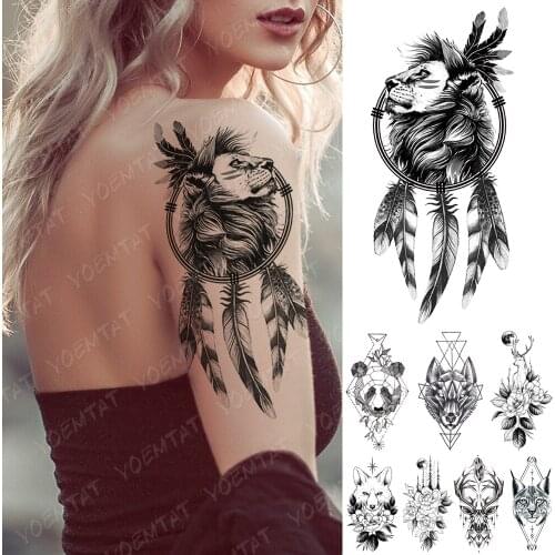 Waterproof Temporary Tattoo Sticker Geometric Line Wolf Panda Lion Flash Tattoos Deer Body Art Arm Fake Sleeve Tatoo Women MenWa