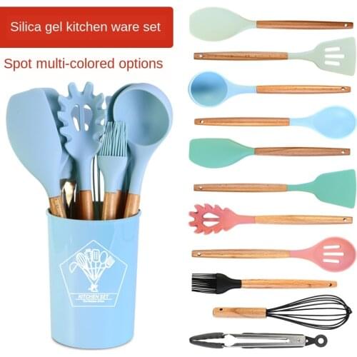 High quality silicone kitchen set household wooden handle kitchen supplies storage barrel 12-piece set tools