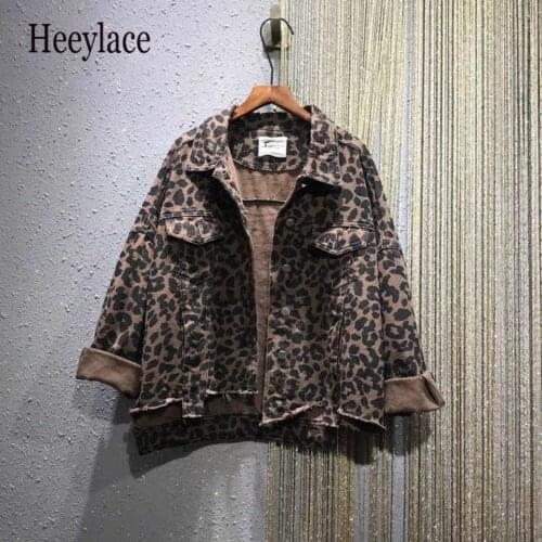 Denim Jacket Women 2021 New Long Sleeve Turn Down Collar Irregular Design Fashion Female Leopard Denim Coats