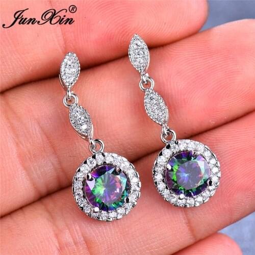 Brand Female Round Long Dangle Earrings Boho Silver Color Rainbow Zircon Earrings Vintage Drop Earrings For Women