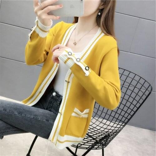 Womens Cardigan Knitted Chic Elegant Korean Fashion Stripe Sweater Long Sleeve V-neck Casual Knitwear Female All-match