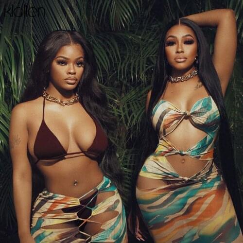 KLALIEN Women Sexy Hollow Out Bandage Low Chest Camisole and Mini Skirt Two Piece Set 2021 New Beach Vacation Skirt Set Female