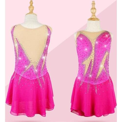 Figure Skating Dress Womens Girls' Ice Skating Competition Dress Round neck sleeveless rose red Shiny rhinestone Handmade