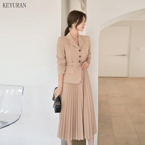 Womens New Notched Neck Pleated Dress Single Breasted Casual A-line Dresses OL Elegant Work Wear Business Vestidos