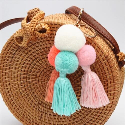 1pc Boho Style Pompom Keychains Colorful Tassel Keyring Bag Hanging For Women Summer Jewelry
