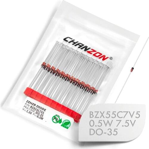100 Pcs) BZX55C7V5 (1N5236B) Zener Diode 0.5W 7.5V DO-35 (DO-204AH) 0.5 Watt 7.5 Volt 7V5 IN5236B 1N5236