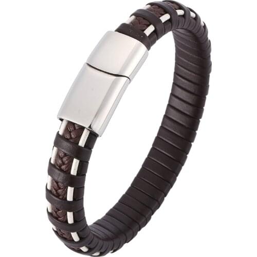 2019 Newest Men Bracelet Brown White Mixed Weave Leather Bracelet Stainless Steel Magnetic Clasp fashion Male Bangles BB0405