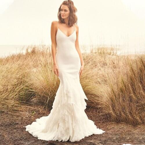 2021 Chic Mermaid Wedding Dress Sexy Deep V-Neck Spaghetti Straps Sweep Train Sleeveless Backless Bridal Gowns Robe De Mariéeq