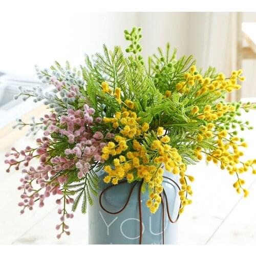 6PCS/bundle Artificial Albizia Flocking Acacia Bean Wedding Home Decoration Fake Flowers Green Plants Fall Decoracion