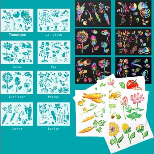 8pcs plant Jellyfish Lotus Pea Sunflower Peanut Carrot Loofash Life Cycle Montessori Educational Stencils Drawing for Kids
