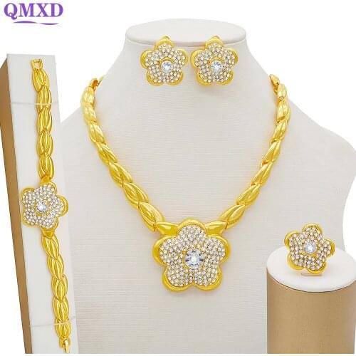 Dubai Gold Big Jewelry sets for Women African Bridal Wedding Gift Party Necklace Flower Earrings Ring Bracelet Jewellery