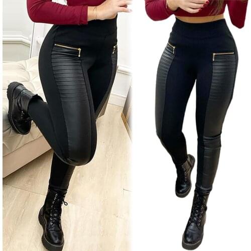 Contrast Panel Zipper Detail Faux Leather Pants Women Casual Trousers Comfortable Sports Pants Брюки Женские Pantalones De Mujer