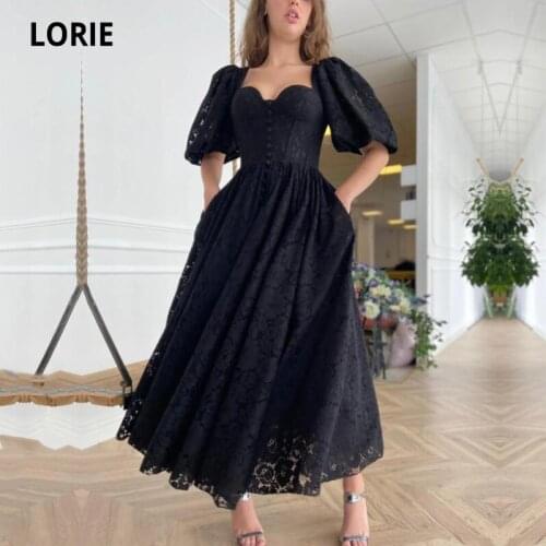 LORIE Black Lace Prom Dresses 2021 Sweetheart Open Slit Short Puff Sleeves Tea Length Celebrity Party Gowns with Pockets