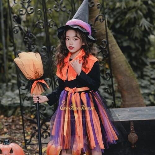 Witch Halloween costume for kids Cosplay Suit Mesh Princess tutu Skirt Cosplay Costume For Girls Child Pumpkin Peformance Dress