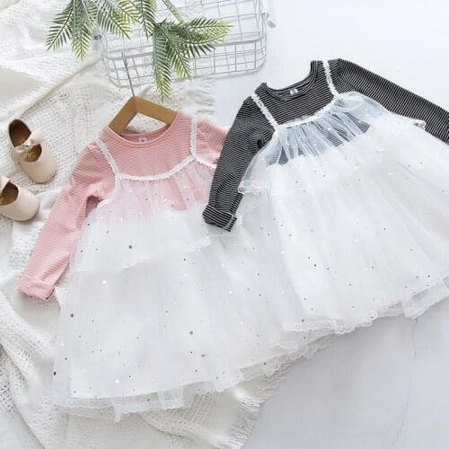 DFXD New Fashion Spring Children Long Sleeve Dress Baby Girls Striped Yarn Tulle Tutu Dress Fake 2pc Ball Gown Vestidos 2-7Yrs
