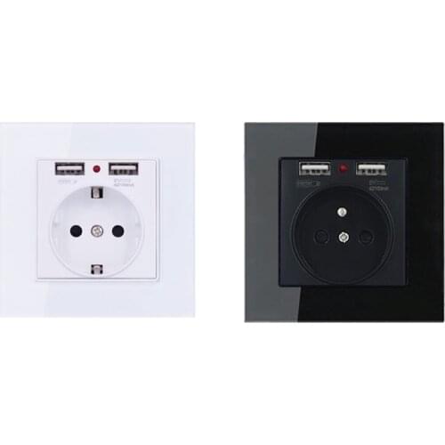 EU Standard Wall Electrical Power Socket with Dual Usb Ports Tempered Glass