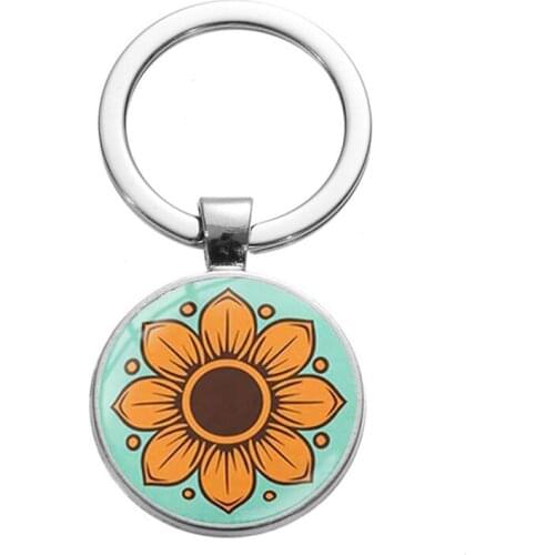European and American new sunflower time gem metal keychain hot selling glass 25mm handmade holiday gift