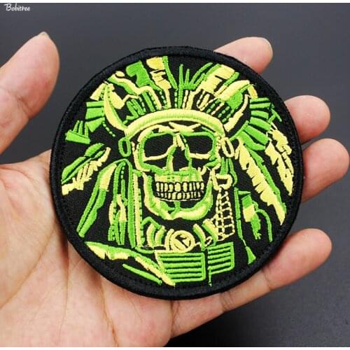 Indian Chief Death Skull Badge Hook Loop Patch Armband Embroidered Clothes Stickers for Jacket Backpack Applique