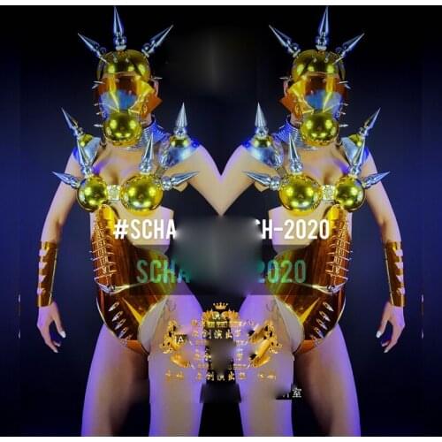 Mechanical punk ds party girl stage dance wear Gold costumes Nightclub bar gogo female rivet technology costume