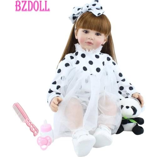 60cm Soft Silicone Reborn Toddler Doll Toys Lifelike Vinyl Long Hair Princess Babies Alive Girl Baby Dress Up Doll With Panda