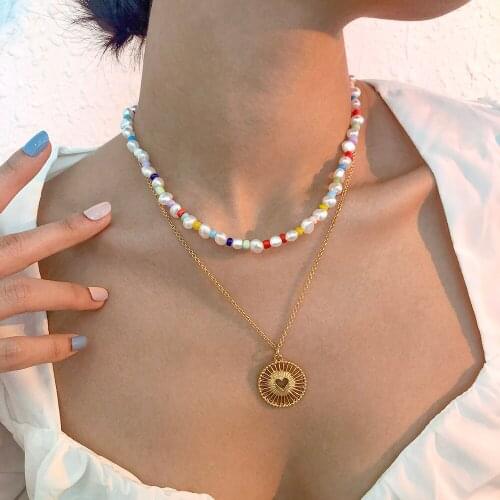 Lalynnly Luxury Personality Simulation Pearl Hollow Heart Shape Double Clavicle ChainPendant Necklace For Women Jewelry N9173