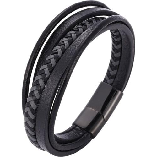 Fashion Charm Leather Bracelets Men Jewelry Stainless Steel Magnetic Clasp Multilayer Braided Rope Wristband for Male PD1075