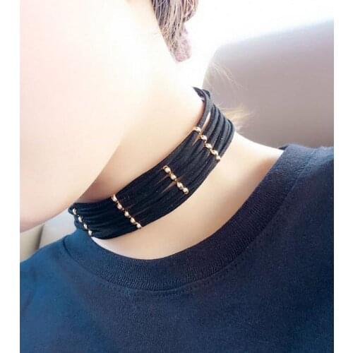 Fashion Womens Faux Suede Leather Multilayers Gold Beads Wide Choker Collar Necklace Bib Statement Jewelry