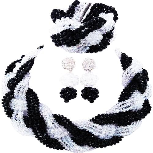 Fashion Black Clear AB Costume Jewelry Set African Wedding Beads Crystal Braid Nigerian Necklace Sets 12BZ02